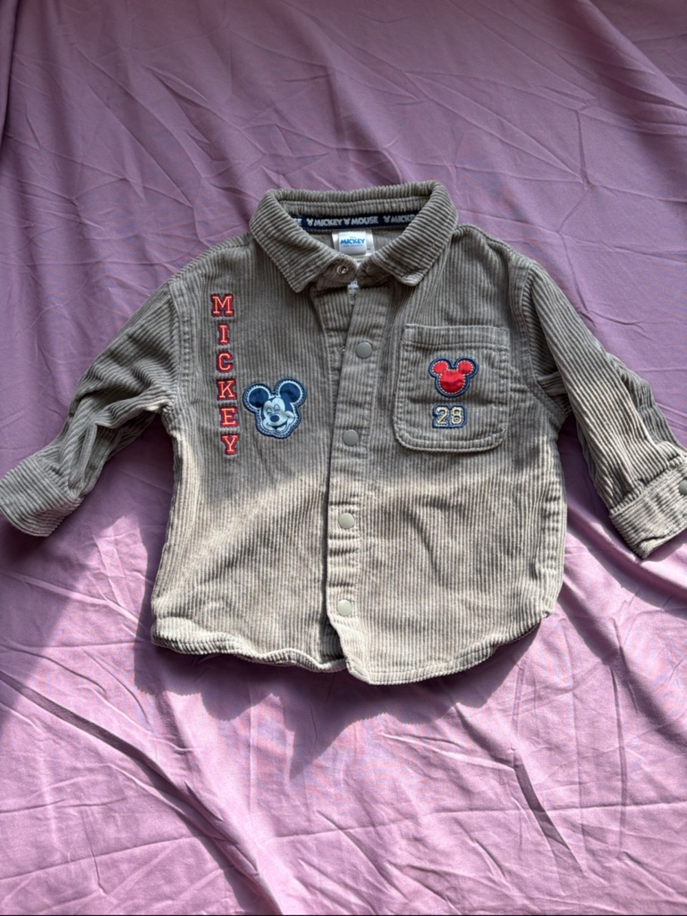 Disney Toddler Corduroy Button-Up Shirt with Mickey Patches in Taupe